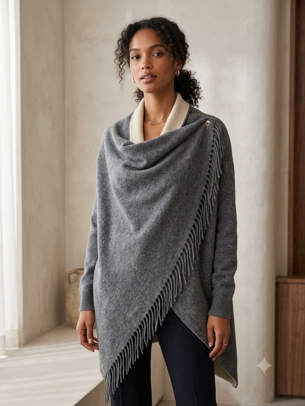 Cozy Gray Fringe Shawl Collar Poncho Sweater